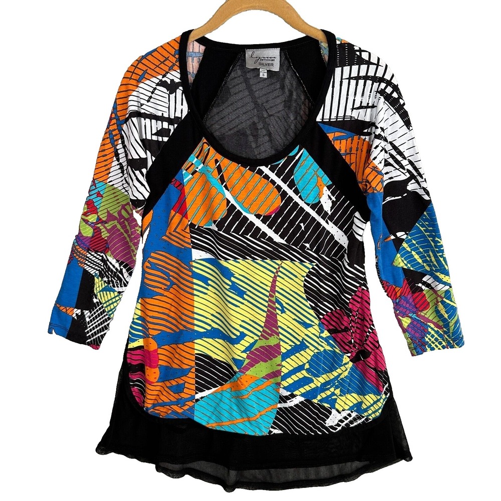 Lynn Ritchie Silver Small Women Top Blouse Colorful Lagenlook Stretch Sheer Trim